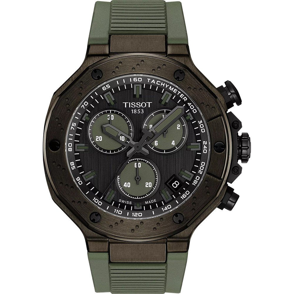 Sportliche Tissot T-Race Quarzchronograph mit schwarzem Zifferblatt und grünem Silikonarmband
