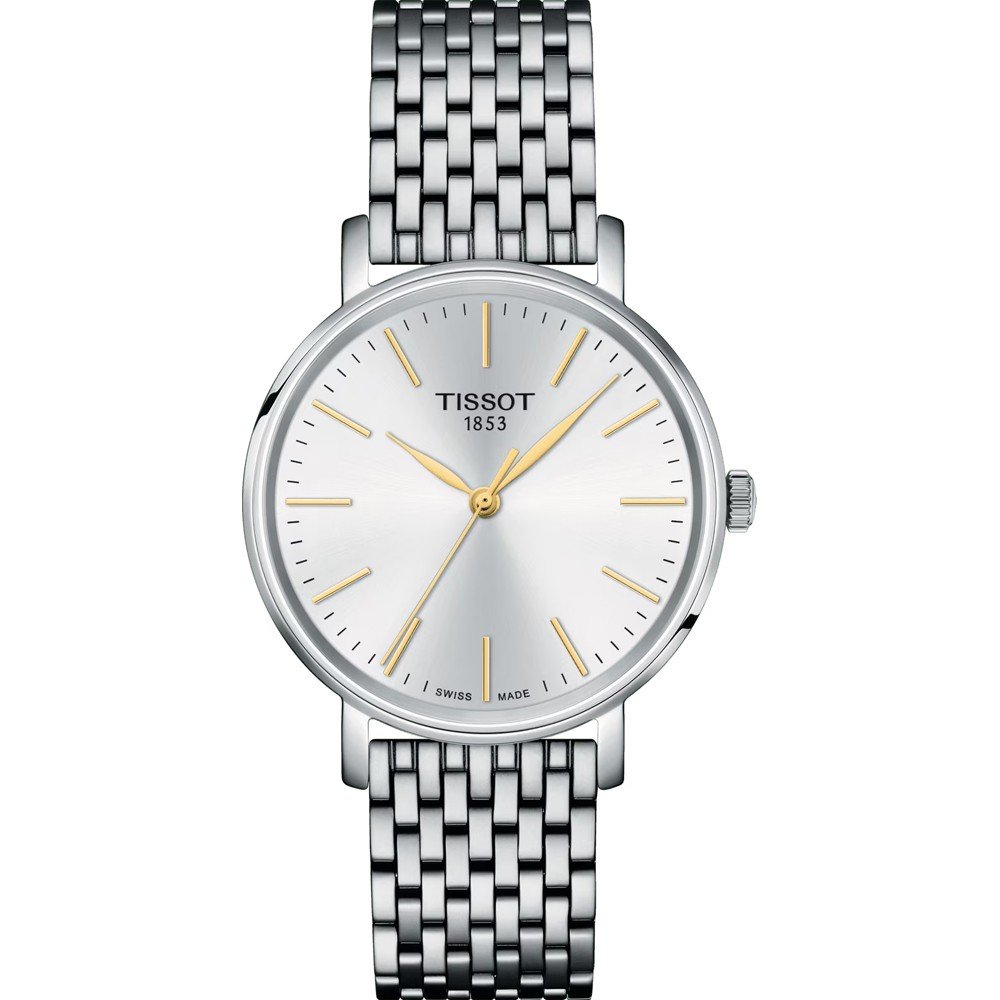 Uhr mit silbernem Zifferblatt, goldenen Zeigern und Edelstahl-Mesh-Armband