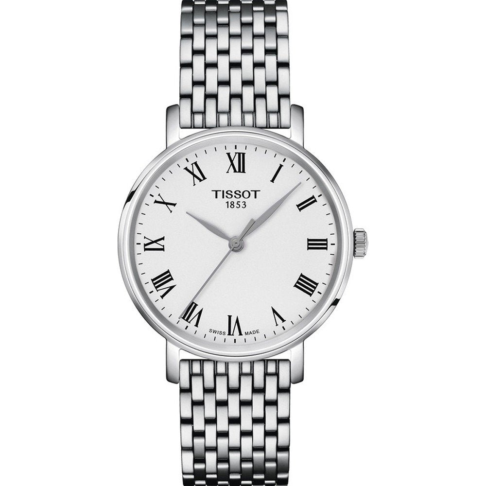 Uhr mit silbernem Gehäuse, weißem Zifferblatt und römischen Ziffern, Mesh-Armband aus Edelstahl