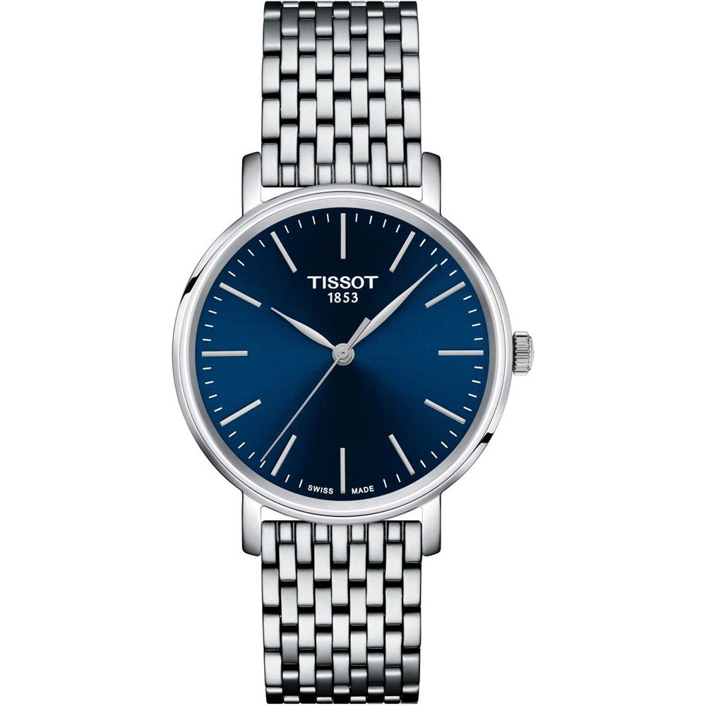 Uhr mit blauem Zifferblatt, silbernem Gehäuse und silbernem Mesh-Armband