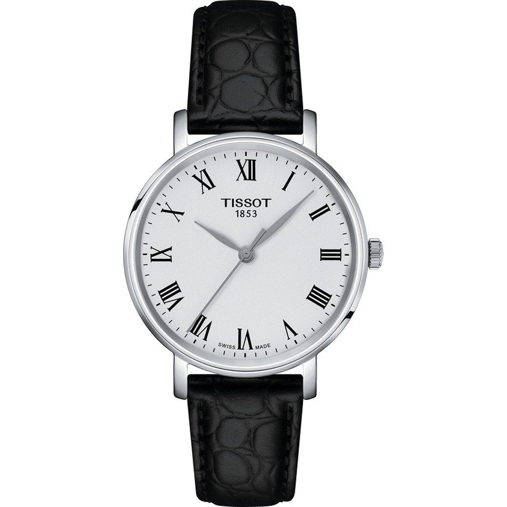 Uhr mit silbernem Gehäuse, weißem Zifferblatt und schwarzem Lederarmband
