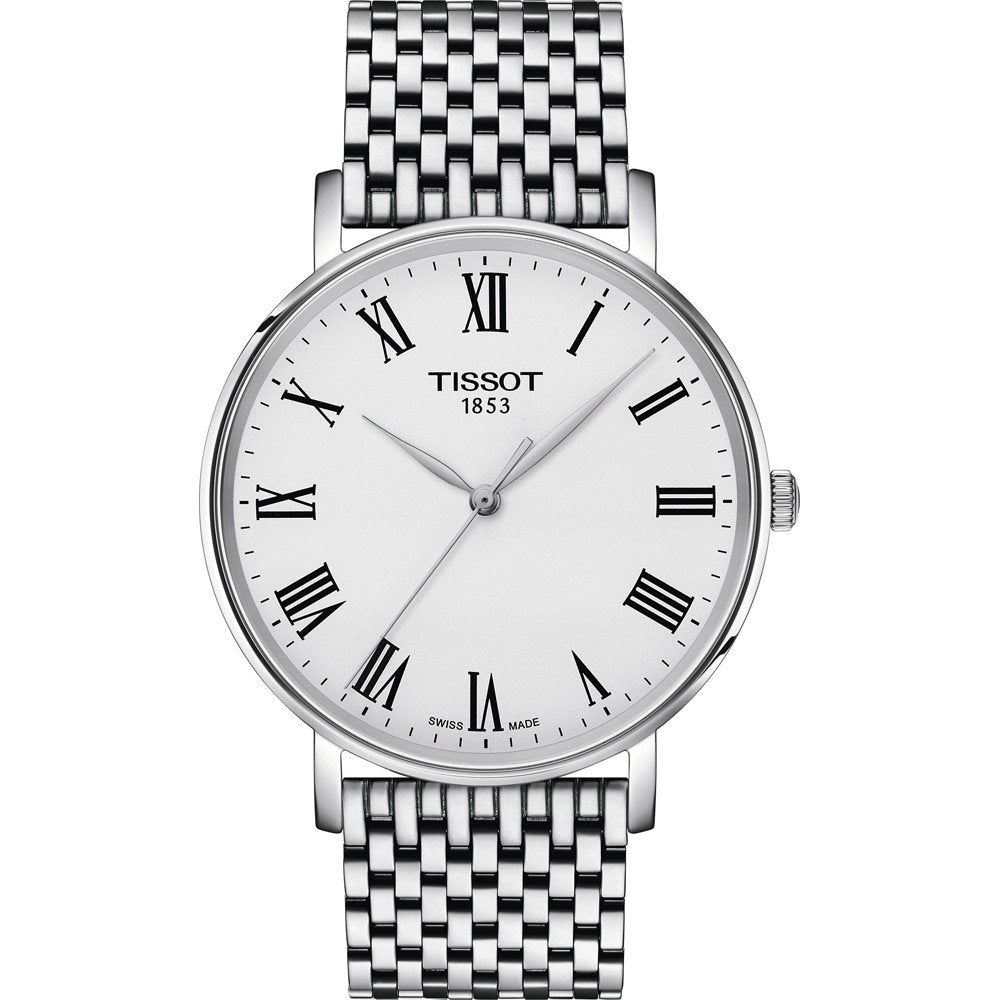 Uhr mit silbernem Mesh-Armband und weißem Zifferblatt, römischen Ziffern und schmalen Zeigern
