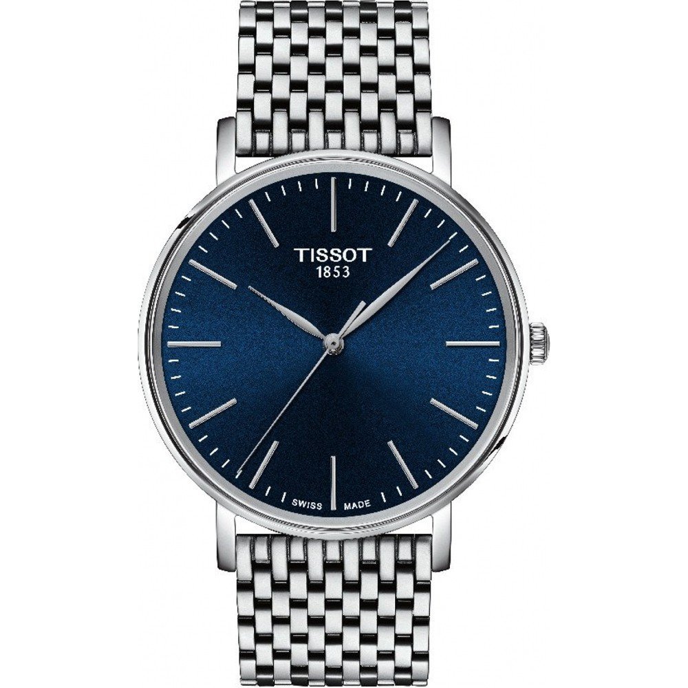 Uhr mit blauem Zifferblatt, silbernem Gehäuse und silbernem Mesh-Armband