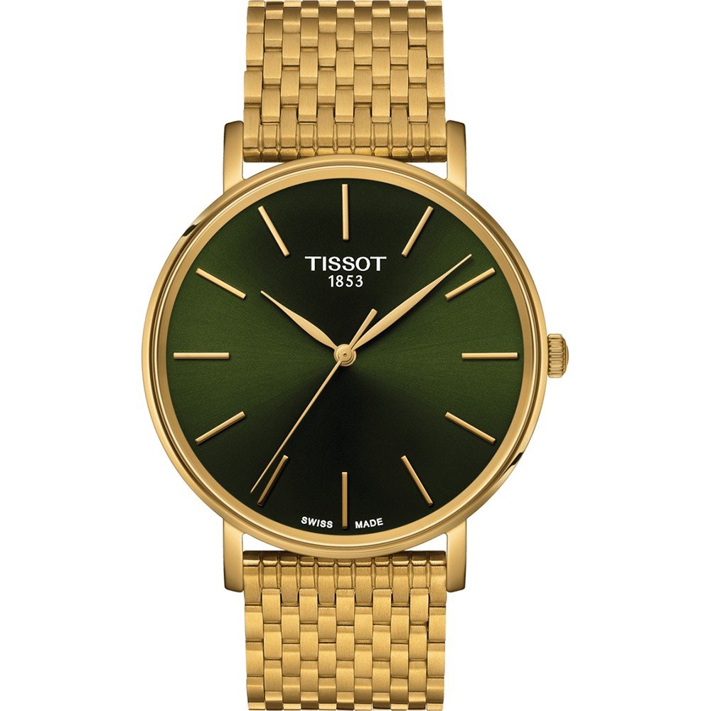 Uhr mit grünem Zifferblatt, goldfarbenem Gehäuse und Mesh-Armband