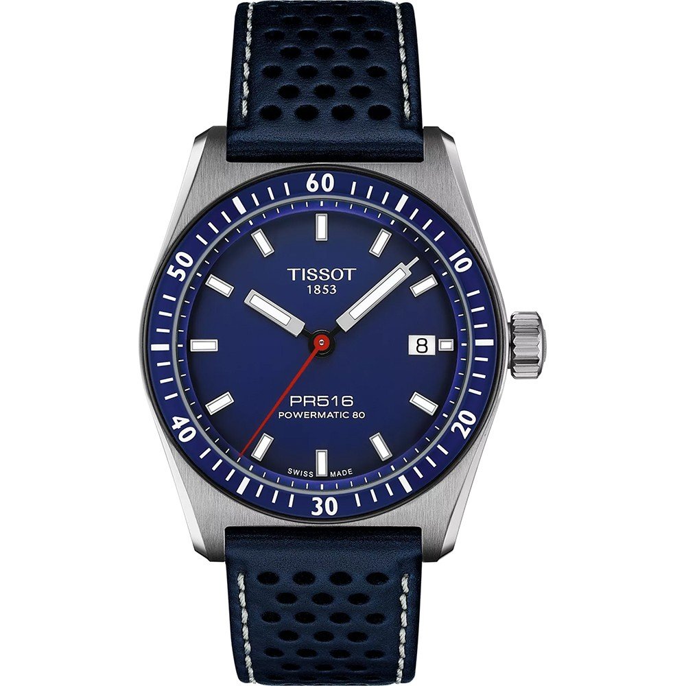 Herrenarmbanduhr mit blauem Zifferblatt, silbernem Gehäuse und schwarzem Lederarmband mit Lochmuster