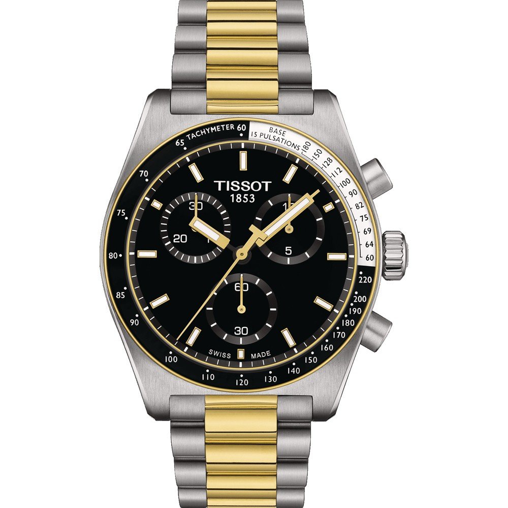Chronograph mit schwarzem Zifferblatt, silbernem Gehäuse und goldfarbenem Armband
