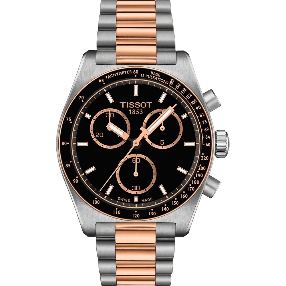 Chronograph mit schwarzem Zifferblatt, Edelstahlgehäuse und roségoldenem Armband