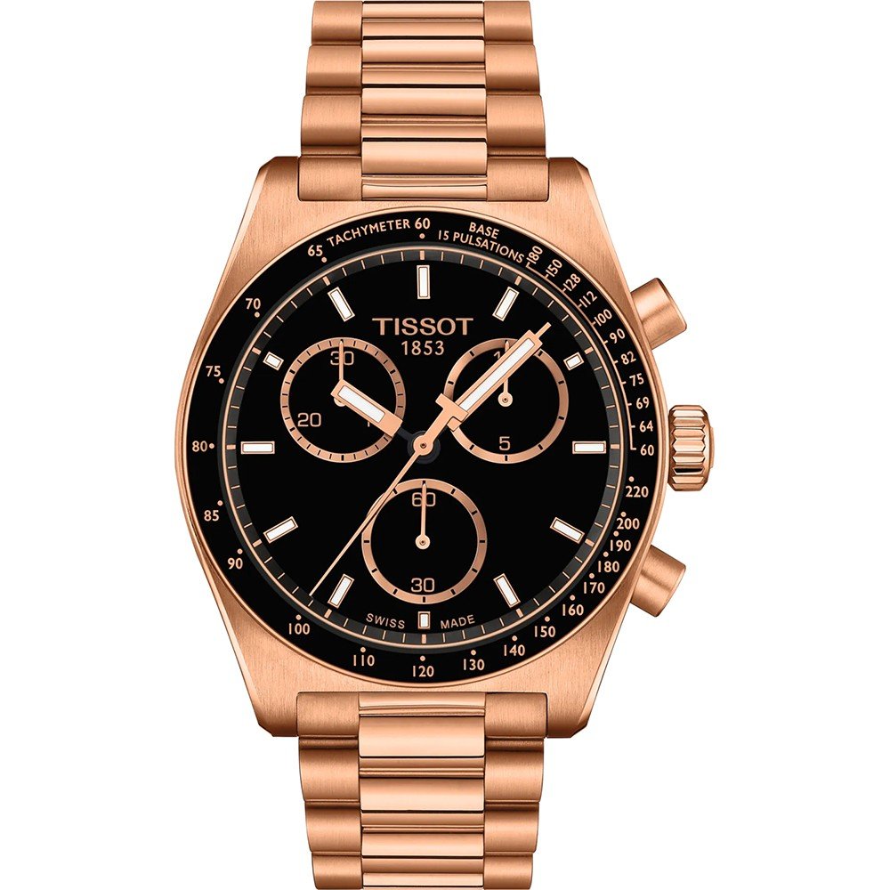 Chronograph mit schwarzem Zifferblatt und roségoldenem Gehäuse sowie Armband aus Edelstahl