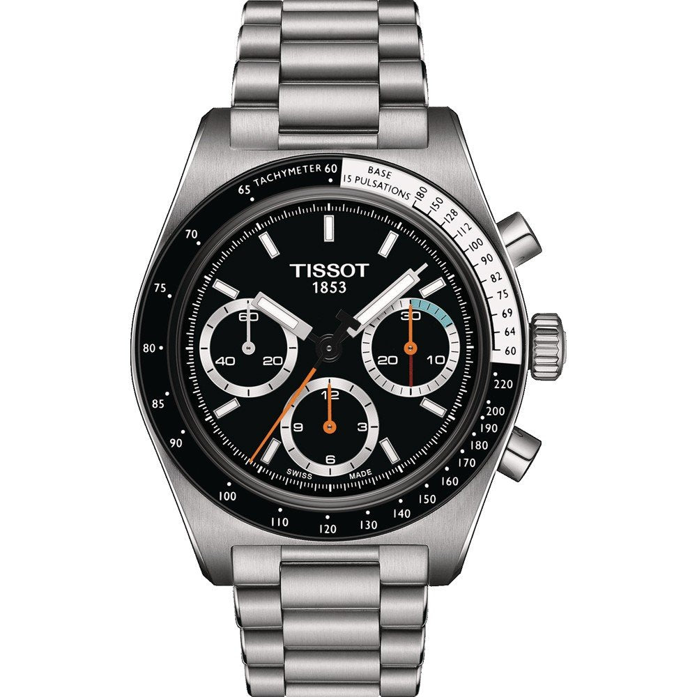 Herrenchronograph mit schwarzem Zifferblatt, silbernem Gehäuse und Metallarmband