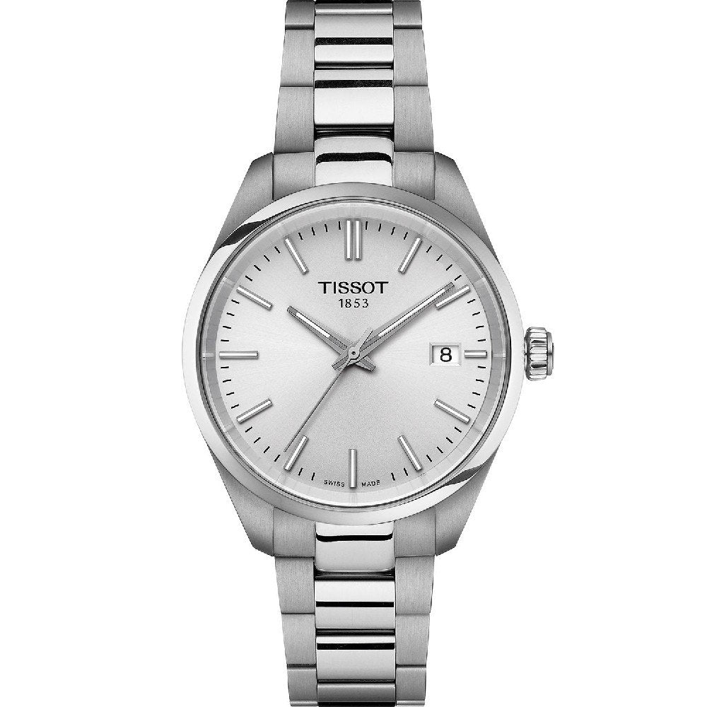 Uhr mit silbernem Zifferblatt, Edelstahlgehäuse und -armband, Datumsanzeige auf der 3-Uhr-Position
