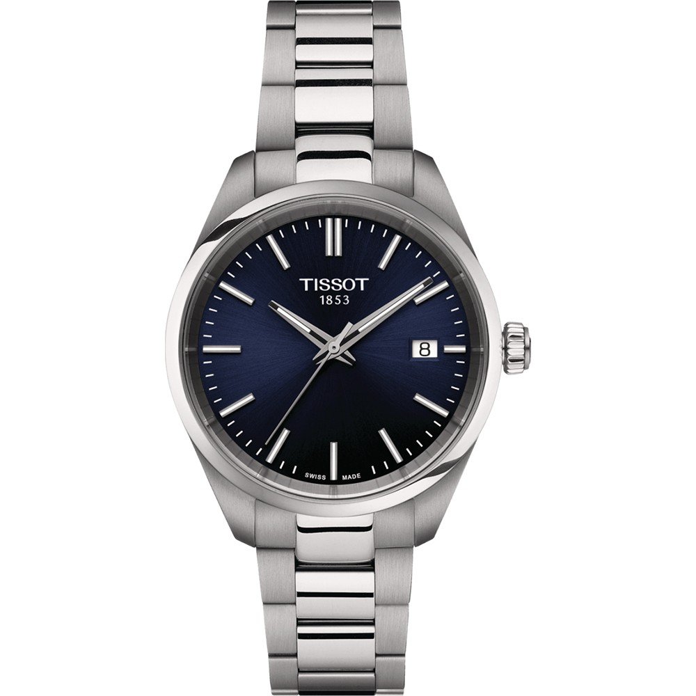 Uhr mit 34 mm Gehäuse, silbernem Armband und blauem Zifferblatt, Datumsanzeige bei 3 Uhr