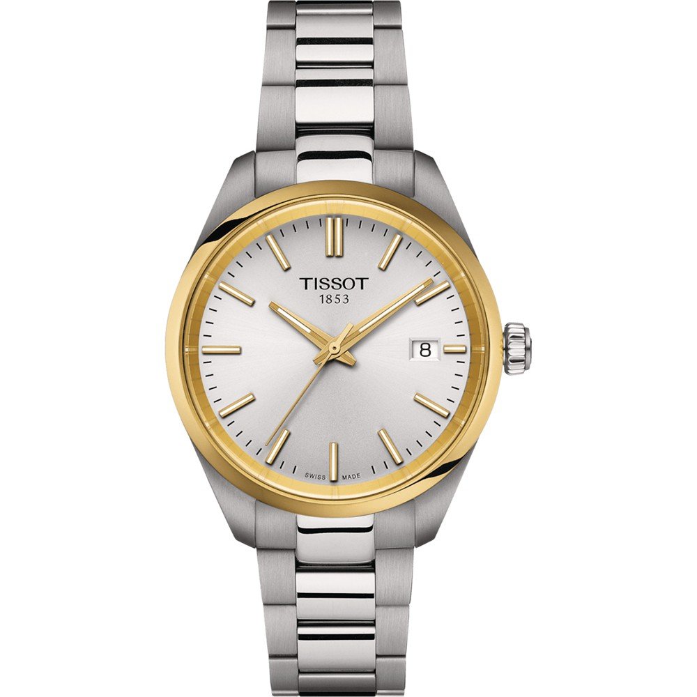 Uhr mit silbernem Zifferblatt, Edelstahl-Gehäuse und goldfarbener Lünette, Armband aus Edelstahl