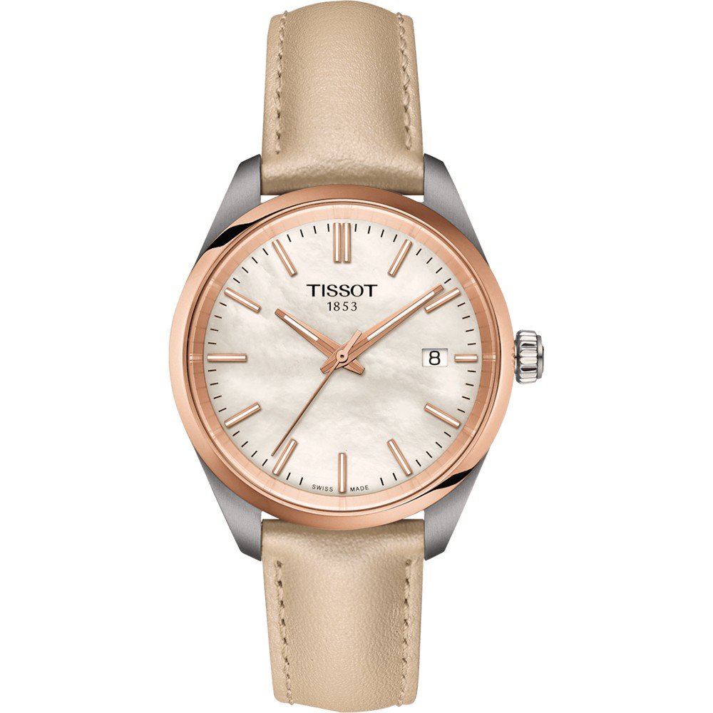Uhr mit 34 mm Gehäuse, roségoldener Lünette, silbernem Zifferblatt und beigem Lederarmband