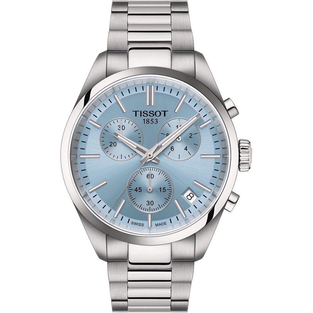 Herrenchronograph mit silbernem Gehäuse und blauem Zifferblatt, Edelstahlarmband und drei Ziffernblättern.