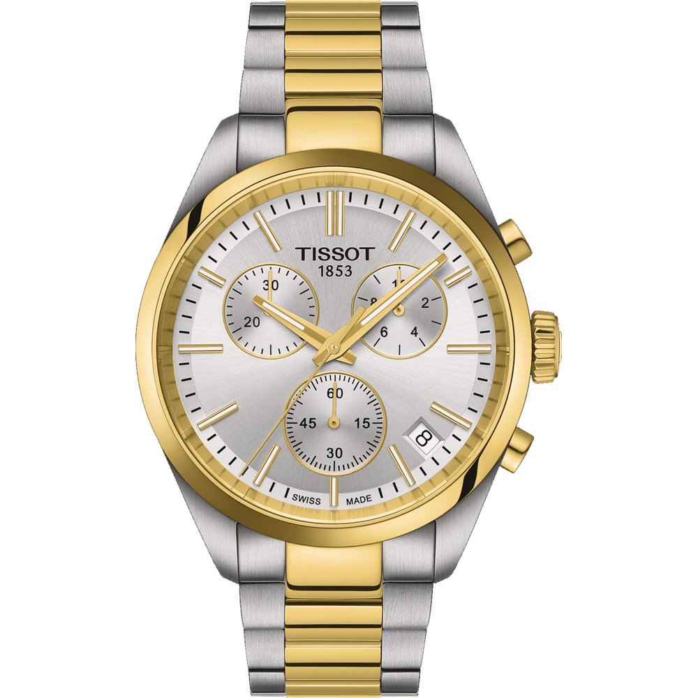 Chronograph mit silbernem Zifferblatt, goldfarbenem Gehäuse und zweifarbigem Armband
