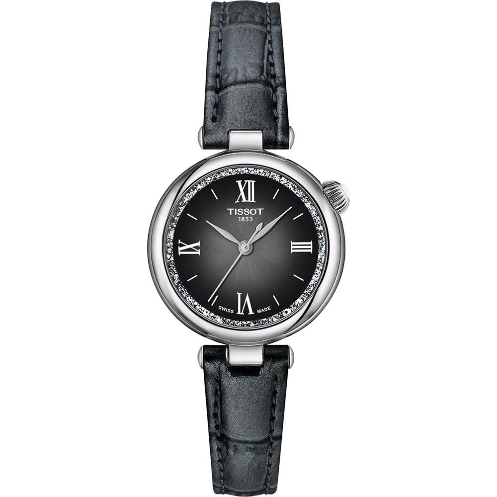 Damenarmbanduhr mit schwarzem Zifferblatt, silbernem Gehäuse und schwarzem Lederarmband