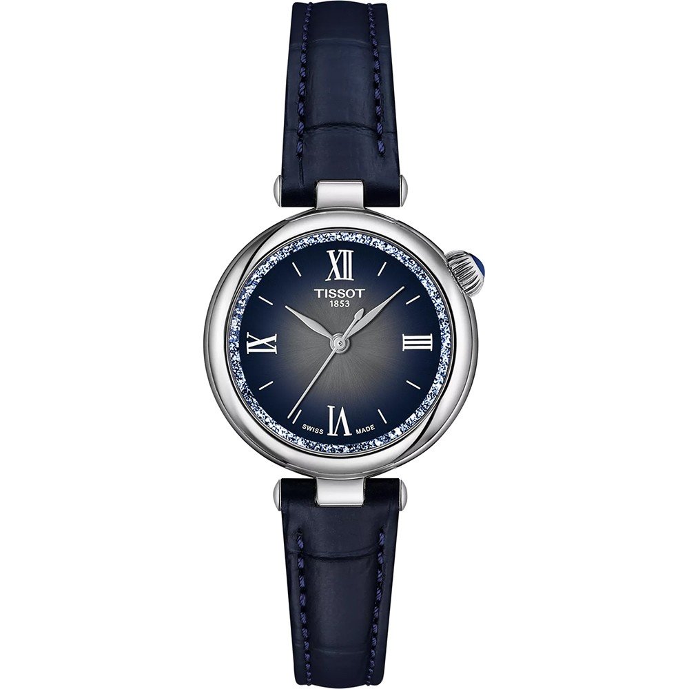 Uhr mit blauem Zifferblatt, silbernem Gehäuse und blauem Lederarmband, besetzt mit Steinen