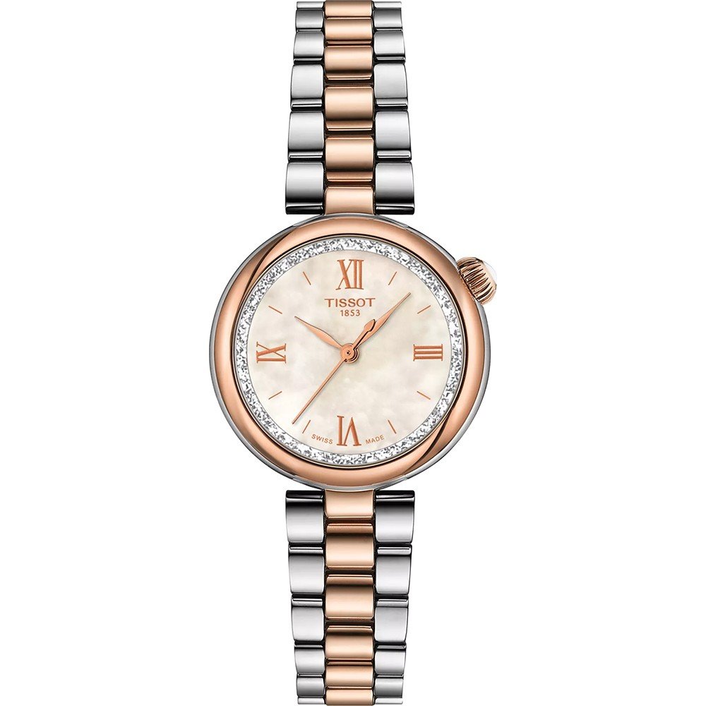 Uhr mit roségoldenem Gehäuse, silbernem Armband und weißem Zifferblatt mit römischen Ziffern und Steinbesatz