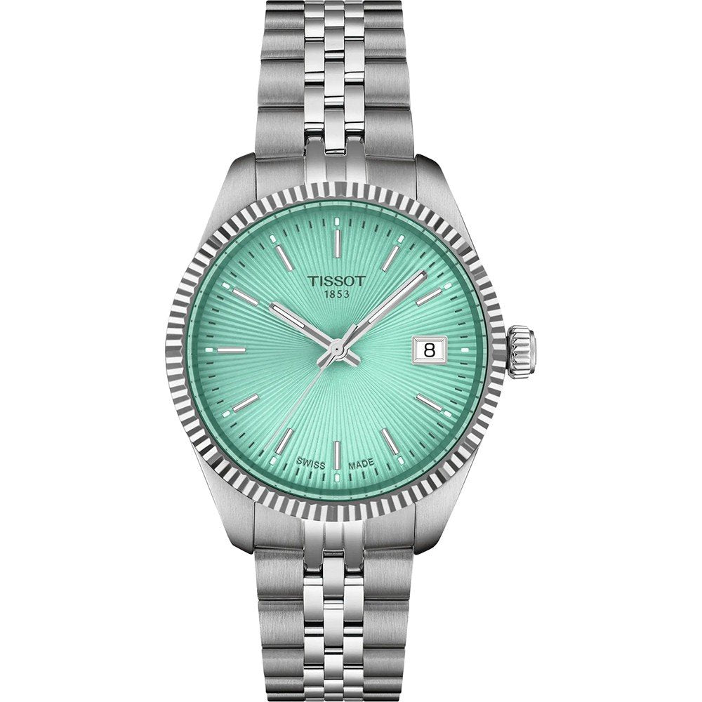 Uhr mit mintgrünem Zifferblatt, Edelstahlgehäuse und Edelstahl-Mesh-Armband, Datumsanzeige bei 3 Uhr