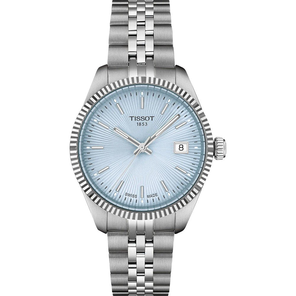 Uhr mit 34 mm Gehäuse, silbernem Armband und blauem Zifferblatt, Datumsanzeige bei 3 Uhr