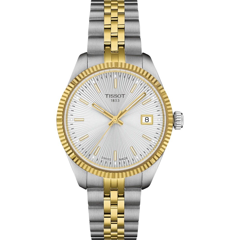 Uhr mit silbernem Zifferblatt, goldener Lünette und zweifarbigem Armband aus Edelstahl