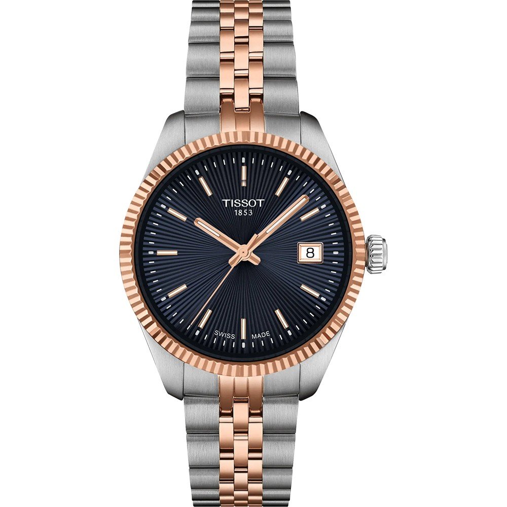 Uhr mit blauem Zifferblatt, Edelstahlgehäuse und roségoldenem Mesh-Armband, Datumsanzeige bei 3 Uhr