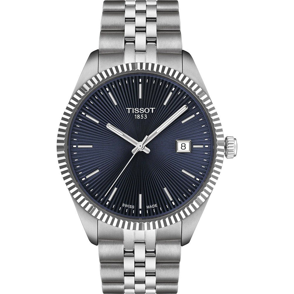 Herrenarmbanduhr mit blauem Zifferblatt, Edelstahl-Gehäuse und -Armband, Datumsanzeige bei 3 Uhr.