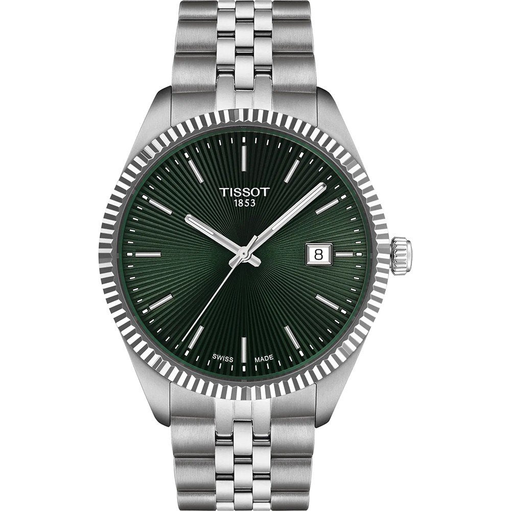 Herrenarmbanduhr mit grünem Zifferblatt, Edelstahlgehäuse und -armband, Datumsanzeige bei 3 Uhr