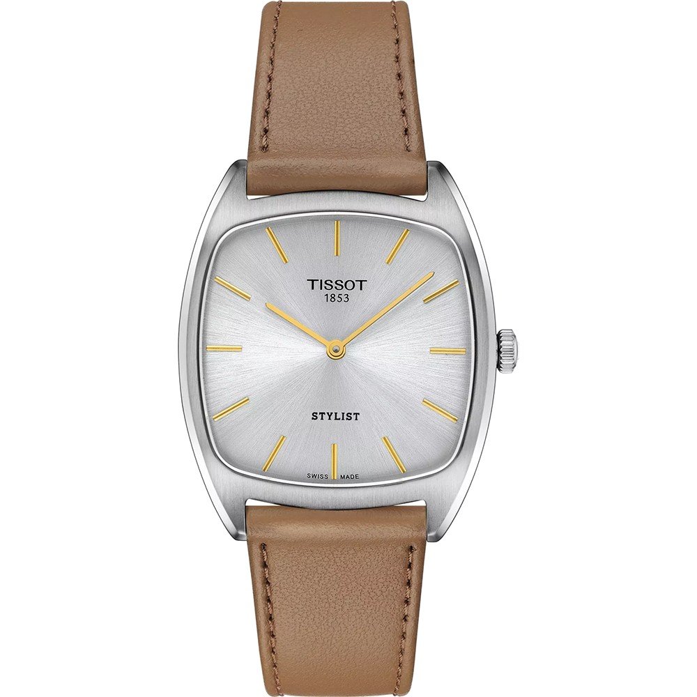 Uhr mit silbernem Zifferblatt, quadratischem Gehäuse und braunem Lederarmband