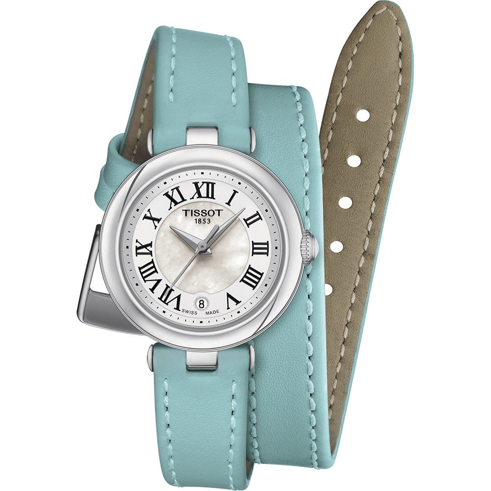 Uhr mit silbernem Gehäuse, weißem Zifferblatt und römischen Ziffern, ausgestattet mit türkisfarbenem Doppelarmband