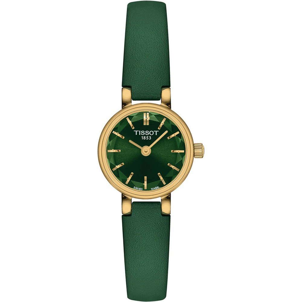 Uhr mit grünem Zifferblatt, goldfarbenem Gehäuse und grünem Lederarmband