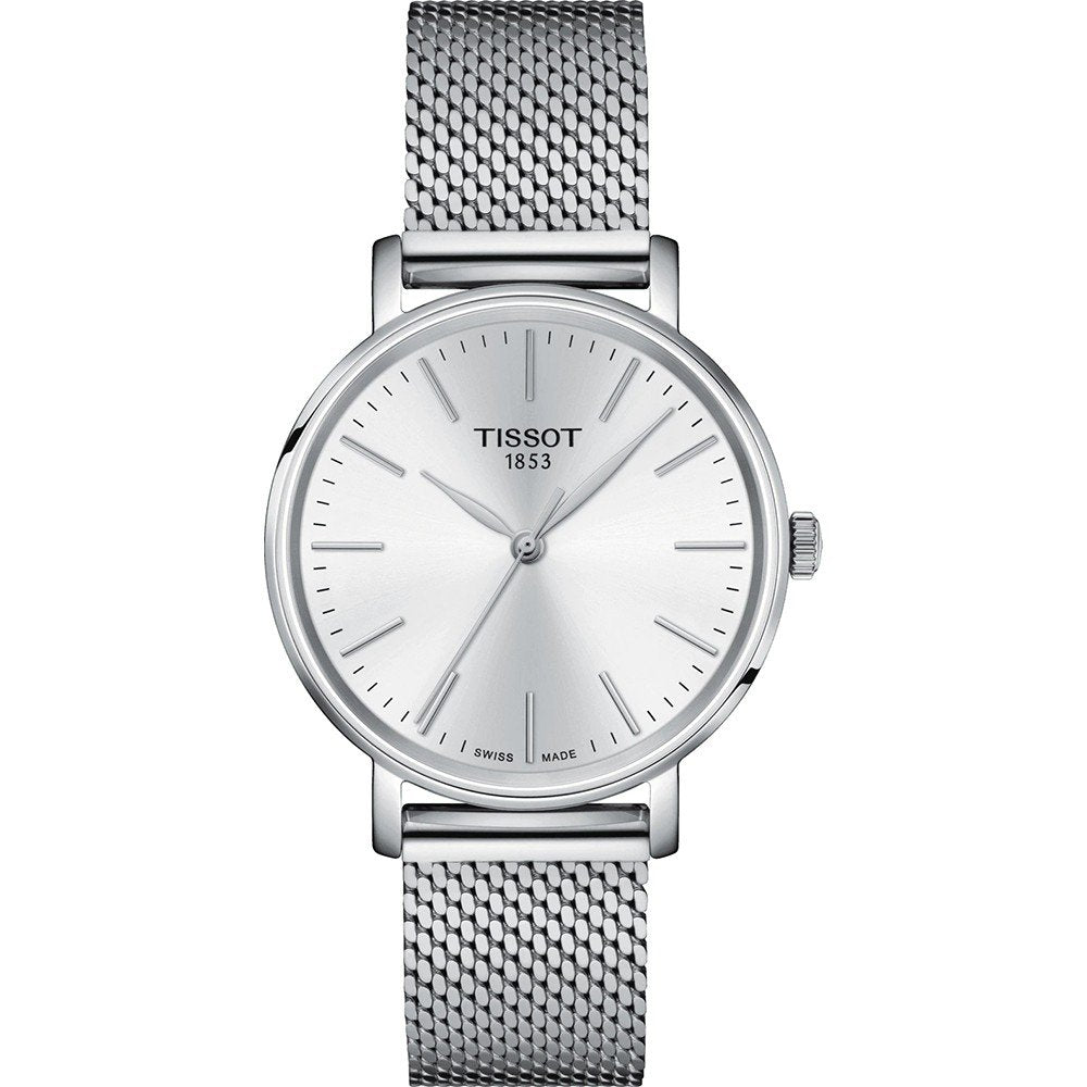 Uhr mit silbernem Zifferblatt, Edelstahl-Gehäuse und silbernem Mesh-Armband