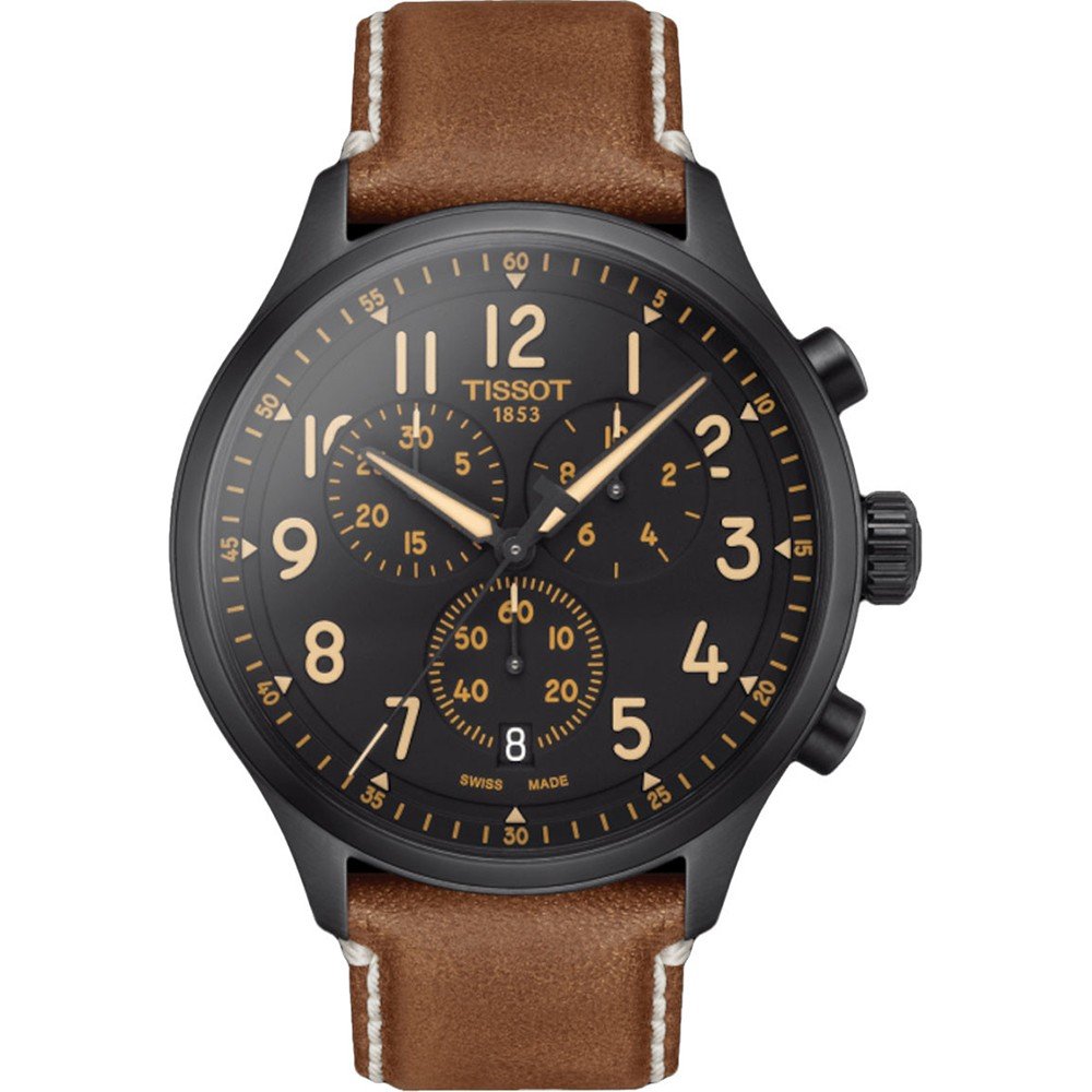 Herrenchronograph mit schwarzem Zifferblatt, braunem Lederarmband und goldenen Ziffern