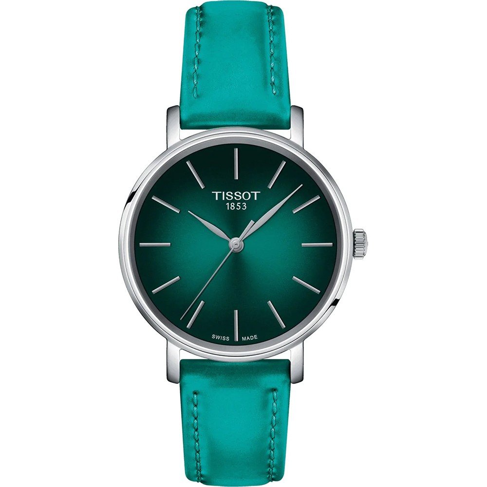 Uhr mit grünem Zifferblatt, silbernem Gehäuse und türkisfarbenem Lederarmband