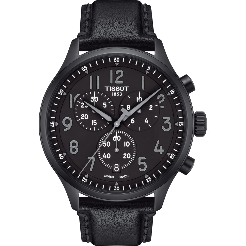Herrenchronograph mit schwarzem Zifferblatt, schwarzem Gehäuse und schwarzem Lederarmband