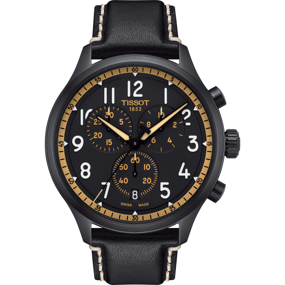 Herrenchronograph mit schwarzem Zifferblatt, schwarzem Gehäuse und schwarzem Lederarmband mit goldenen Akzenten