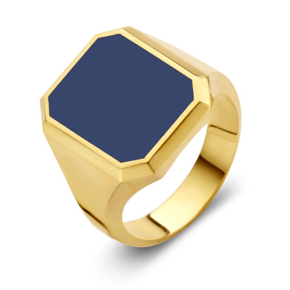 De Massieve 14 Karaat Gele Gouden Zegelring voor Heren met Blauwe Lagensteen van Excellent Jewelry is uitgevoerd met een vlakke, achthoekige lagensteen op een gladde, gepolijste band.