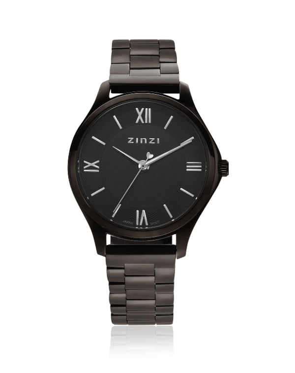 Schwarze Uhr aus Edelstahl mit schwarzem Zifferblatt und römischen Ziffern