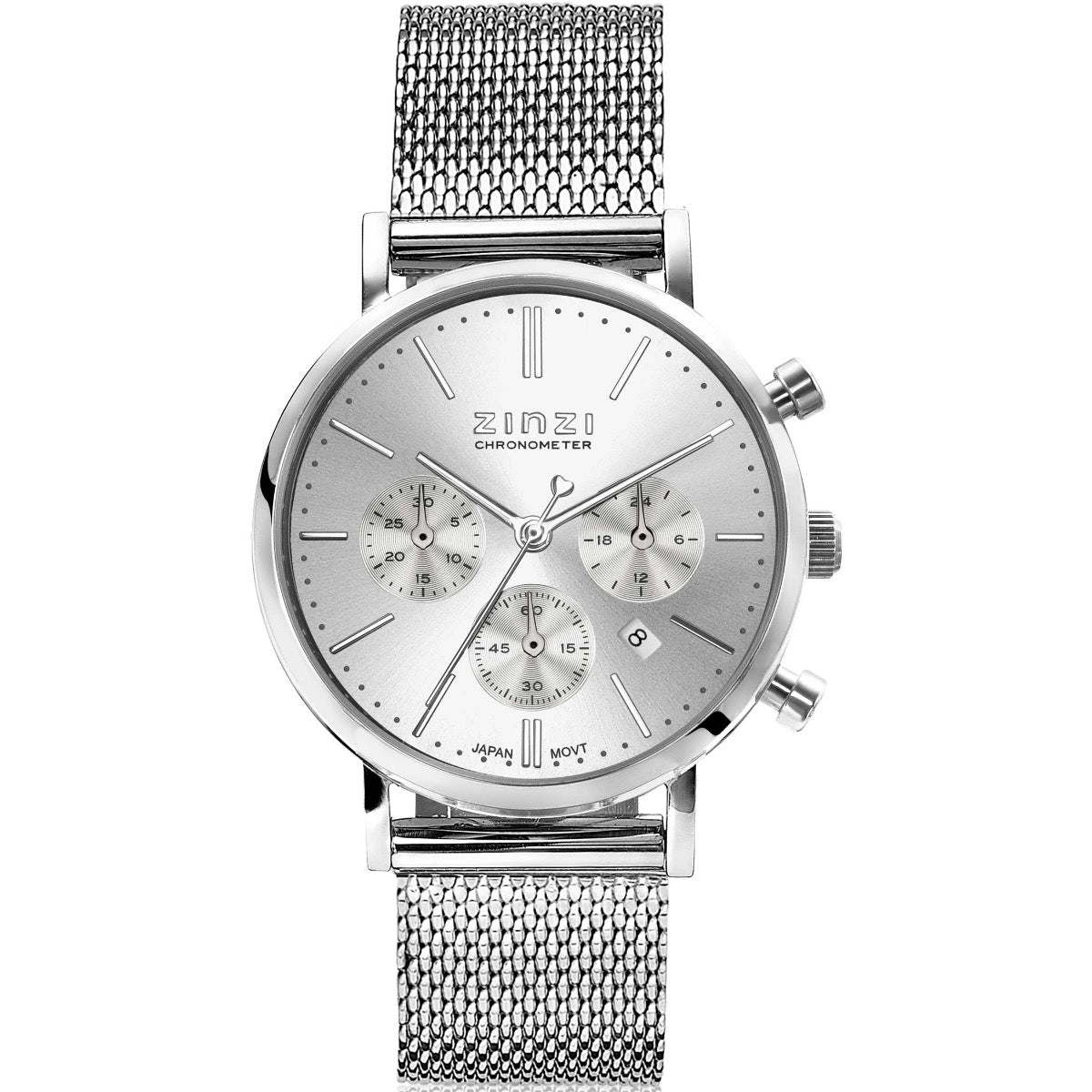 Silbernes Stahl-Horloge mit silbernem Zifferblatt und Mesh-Armband, drei Chronographen-Subdials