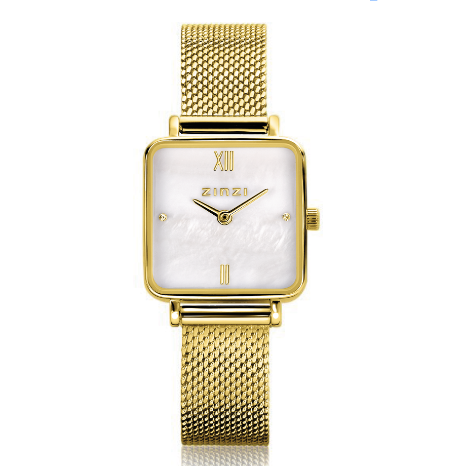 Quadratisches, goldplattiertes Uhrgehäuse mit weißem Zifferblatt und Mesh-Armband