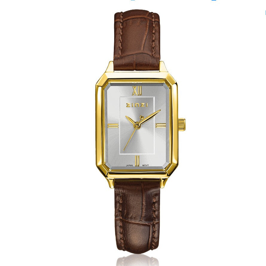 Rechteckige Uhr mit goldenem Gehäuse, silbernem Zifferblatt und braunem Lederarmband