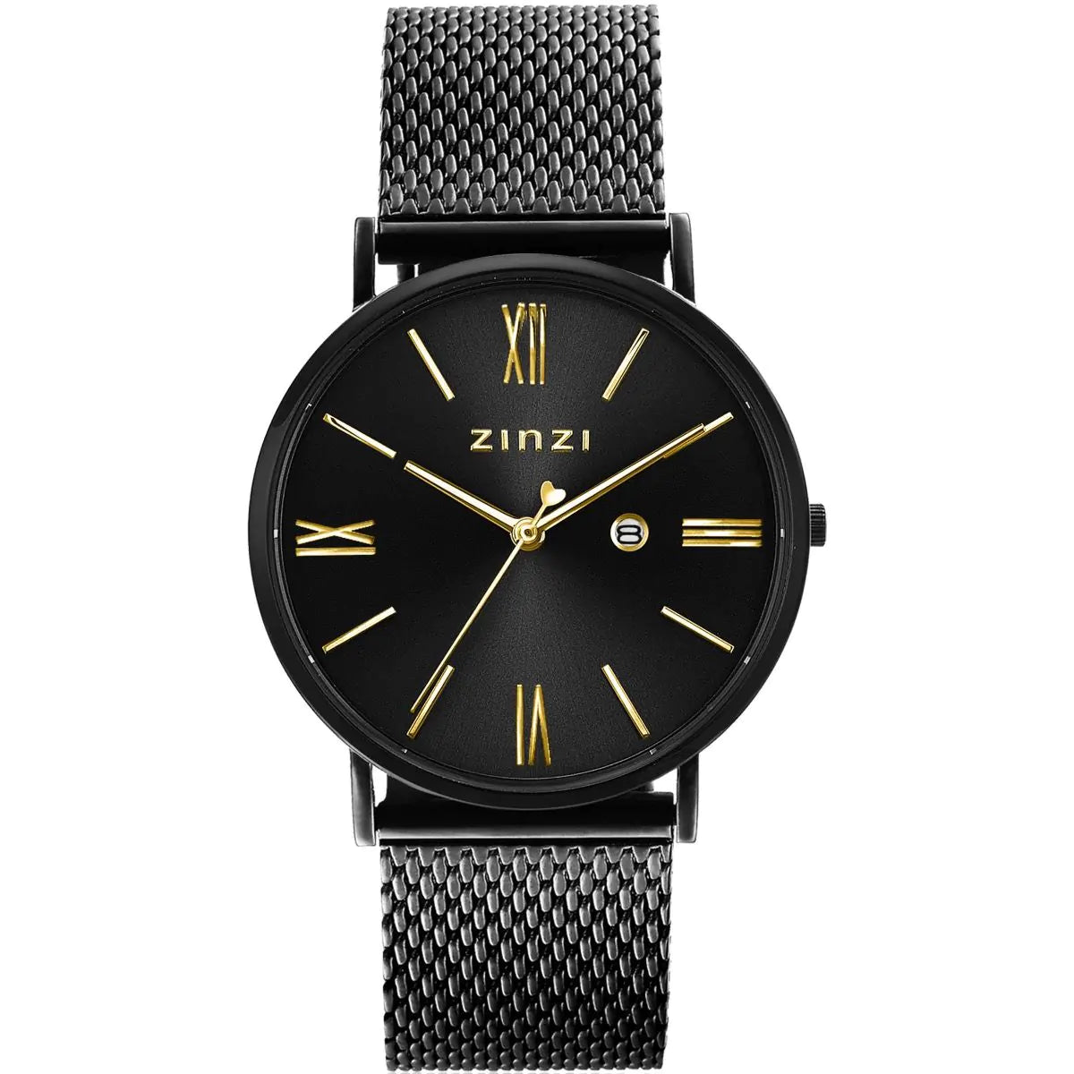 Schwarze Uhr mit schwarzem Zifferblatt, goldenen Ziffern und Mesh-Armband