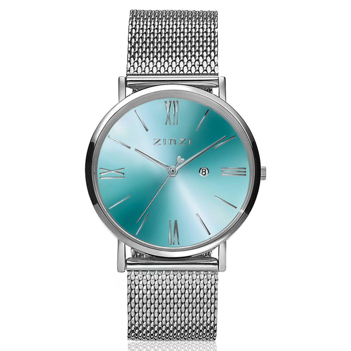 Silberfarbenes Stahl-Horloge mit blauem Zifferblatt und Mesh-Armband