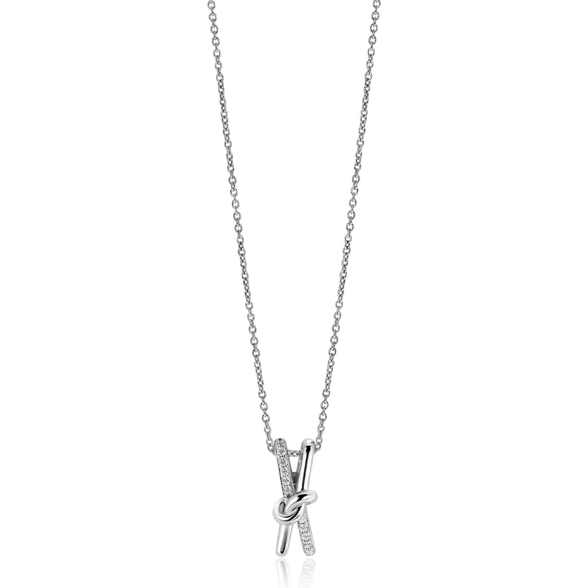 Halskette aus Silber mit einem Knoten-Anhänger und kleinen, funkelnden Steinen