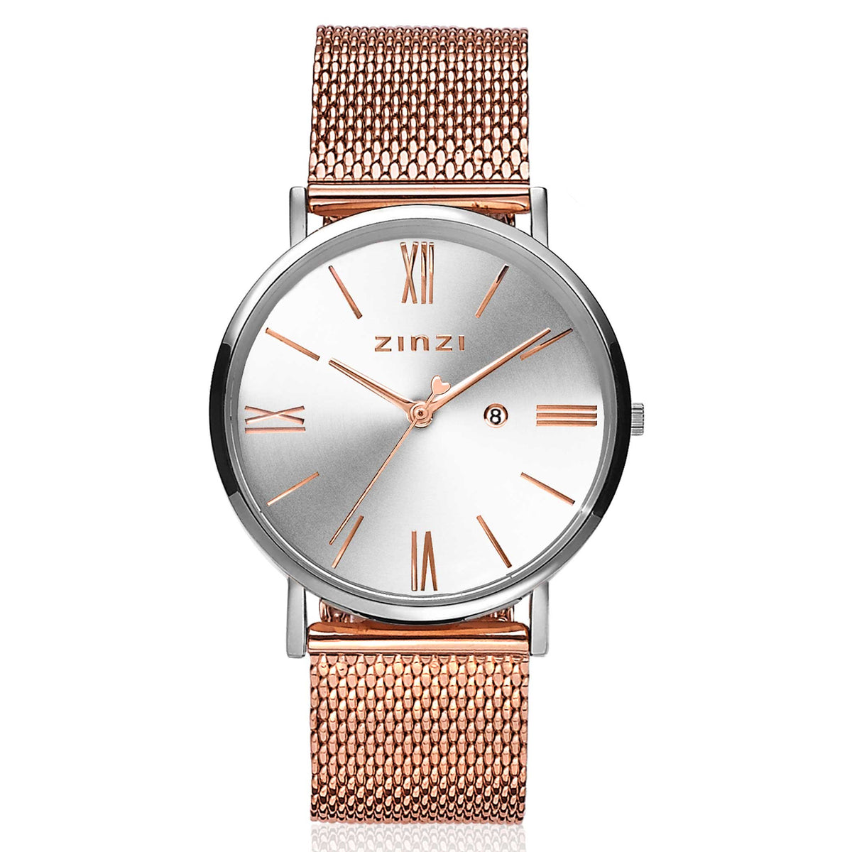 Silberfarbenes Uhrgehäuse mit silbernem Zifferblatt und roségoldenem Mesh-Armband