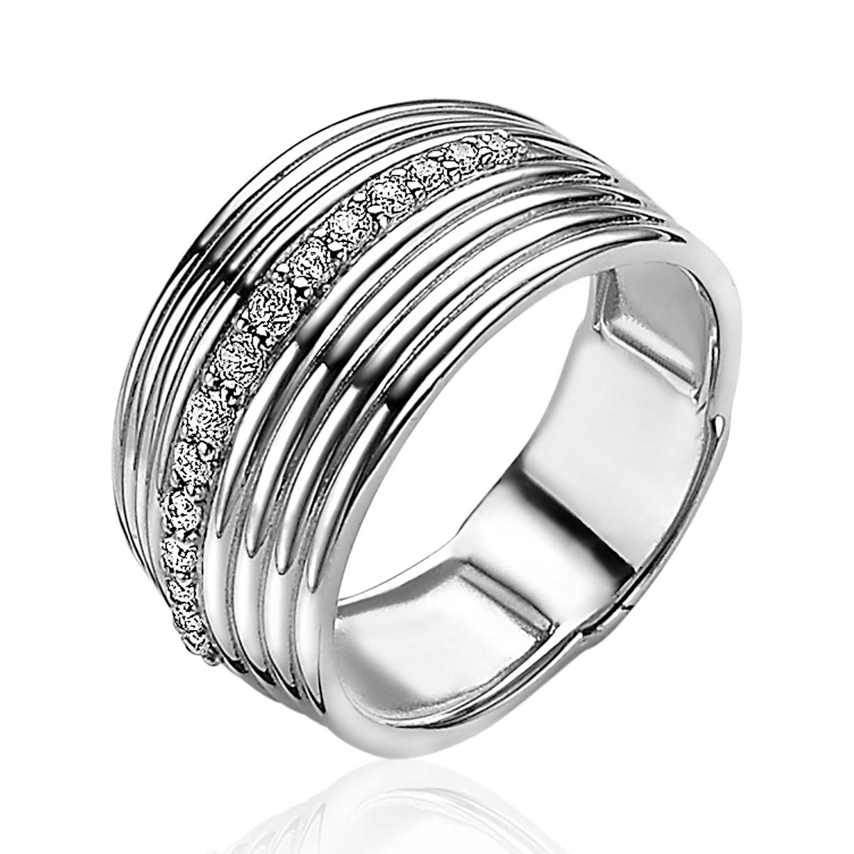 Ring aus Silber mit mehreren Linien und einer Reihe von klaren Edelsteinen in der Mitte