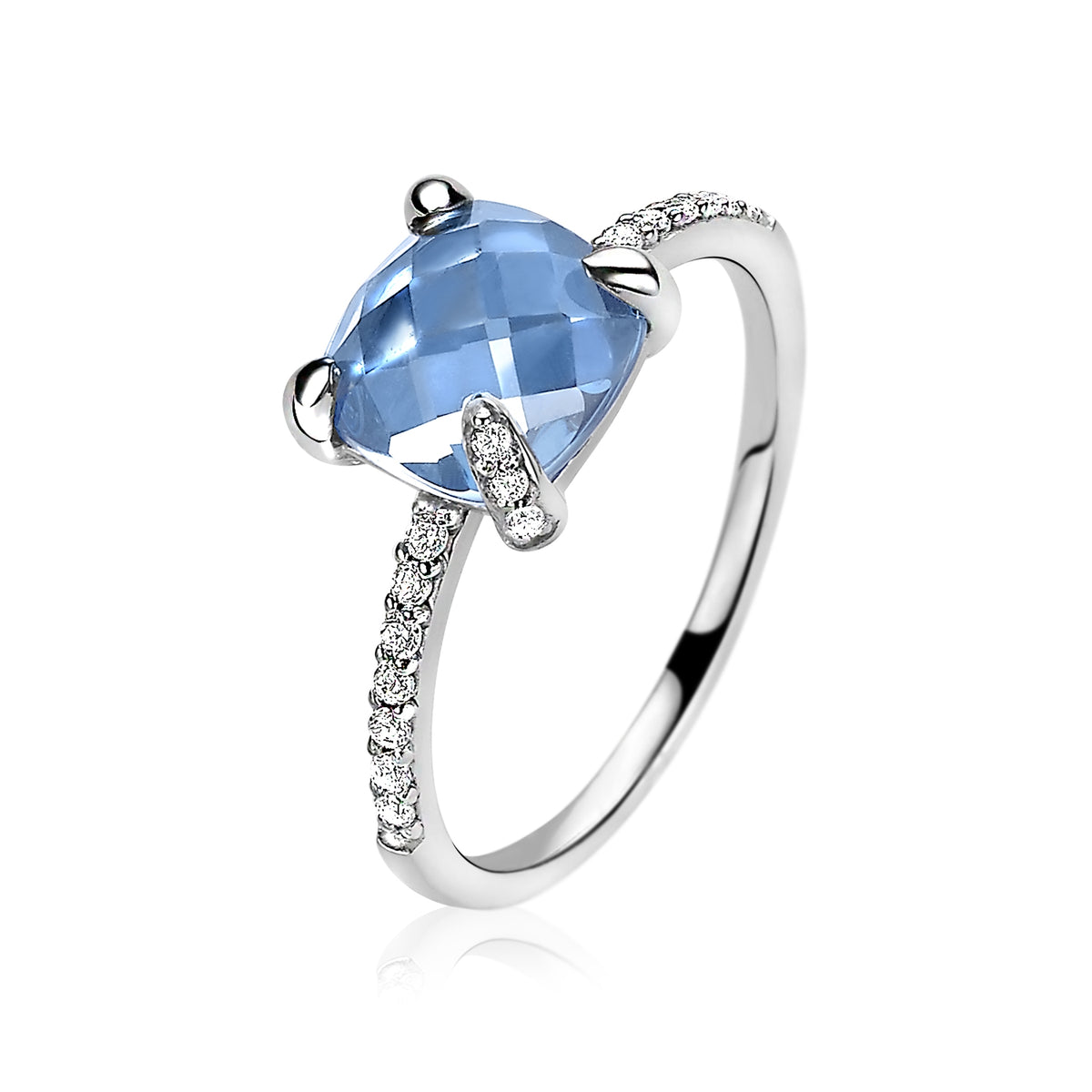 Ring aus Silber mit blauem Edelstein und kleinen, funkelnden Zirkonia-Steinen