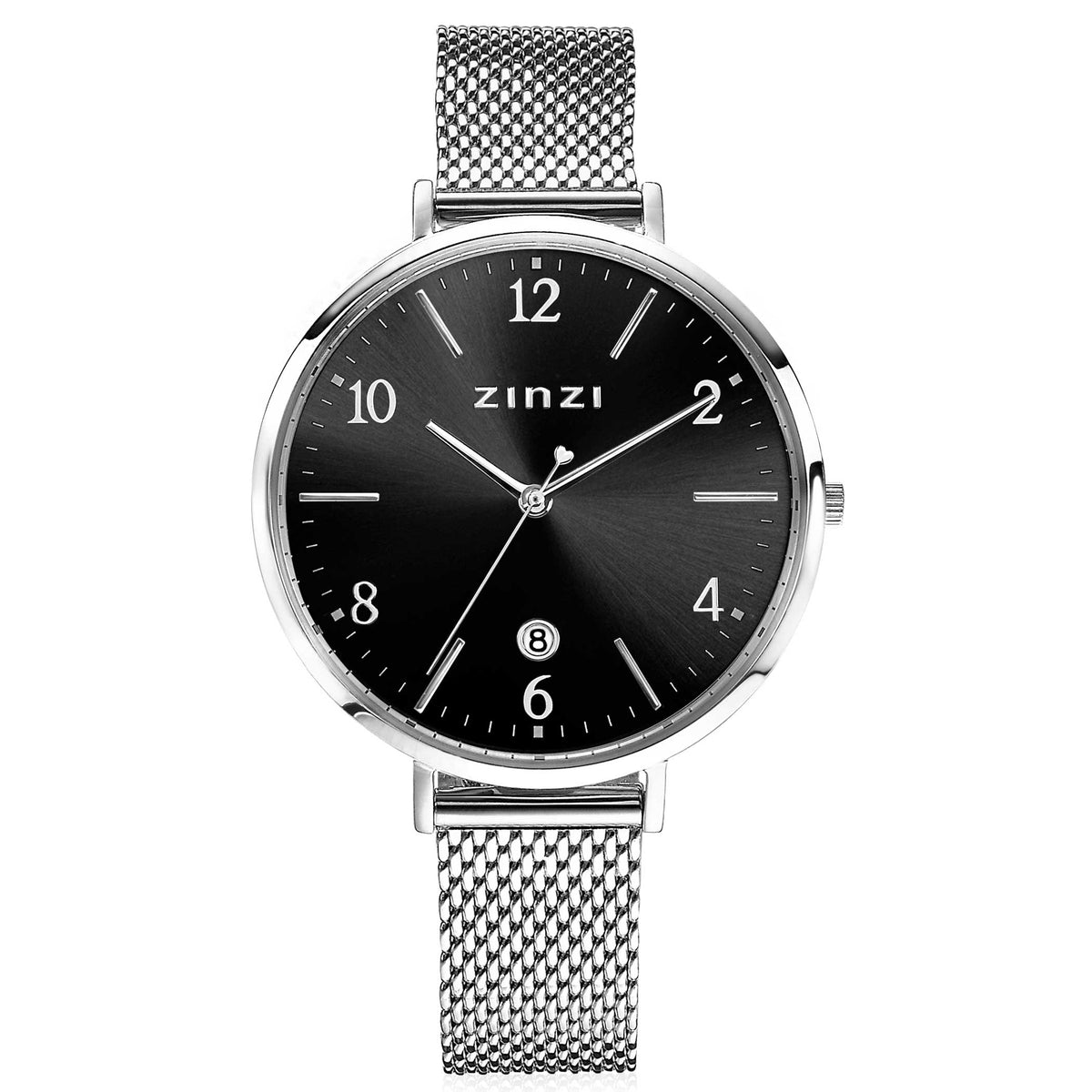 Silberfarbenes Stahlarmband mit schwarzem Zifferblatt und Mesh-Armband