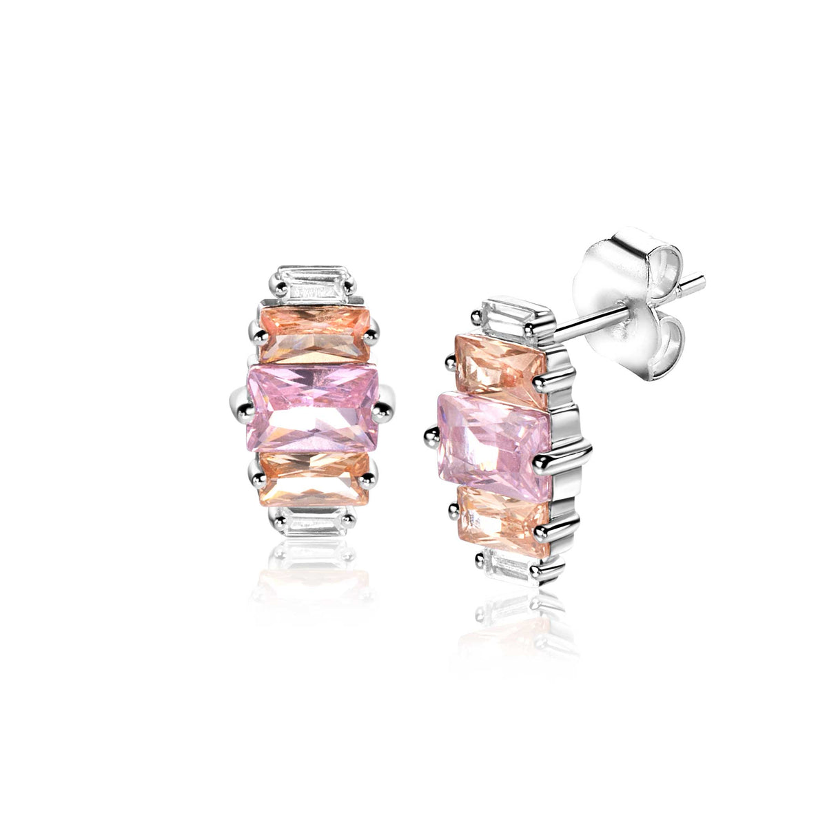 Ohrringe aus Silber mit rosa und orangefarbenen Edelsteinen in rechteckiger Form