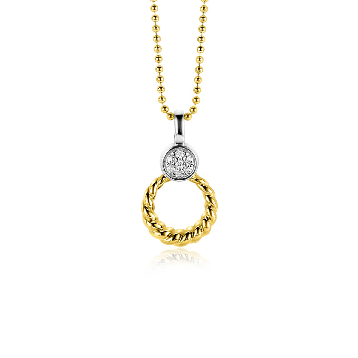 Goldplattierter Anhänger mit einem ringförmigen, gedrehten Element und einem Zirkonia-Stein